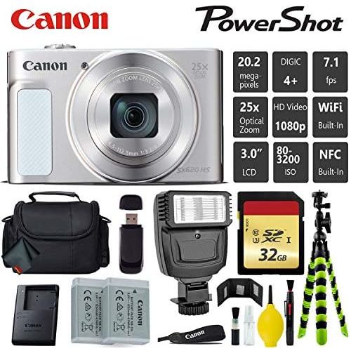 캐논 Canon PowerShot SX620 HS Digital Point and Shoot 20MP Camera (Silver) + Extra Battery + Digital Flash + Camera Case + 32GB Class 10 Memory Card - International Version