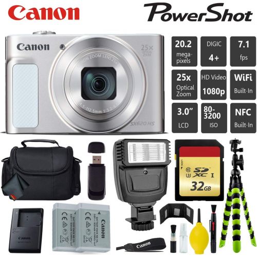 캐논 Canon PowerShot SX620 HS Digital Point and Shoot 20MP Camera (Silver) + Extra Battery + Digital Flash + Camera Case + 32GB Class 10 Memory Card - International Version