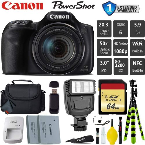 캐논 Canon PowerShot SX540 HS Digital Point and Shoot Camera + Extra Battery + Digital Flash + Camera Case + 64GB Class 10 Memory Card + 1 Year Extended Warranty (Total of 2YR) - Intern