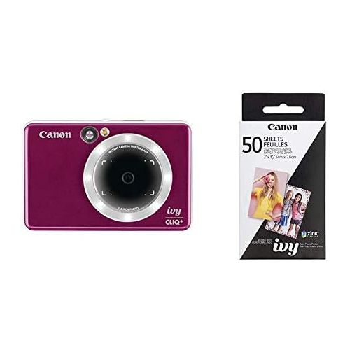 캐논 Canon IVY CLIQ+ Instant Camera Printer Mobile Mini Printer Via Bluetooth(R), Ruby Red with Canon ZINK Photo Paper Pack, 50 Sheets