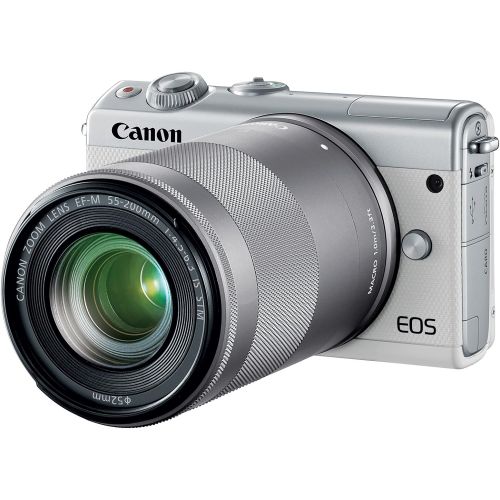캐논 Canon EOS M100 Mirrorless Camera w/ 15-45mm Lens & 55-200mm Lens - Wi-Fi, Bluetooth, and NFC Enabled (White)