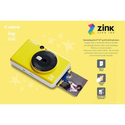 캐논 Canon Ivy CLIQ Instant Camera Printer, Mini Photo Printer with 2X3 Sticky-Back Photo Paper(10 Sheets), Bumblebee Yellow