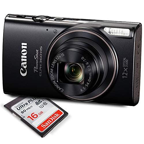 캐논 Canon PowerShot ELPH 360 HS (Black) Digital Camera w/12x Optical Zoom and Built-in Wi-Fi with Deluxe Starter Kit Including 16 GB SDHC Class10 + Extra Battery + Protective Camera Ca