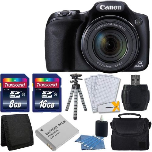 캐논 Canon PowerShot SX530 HS Digital Camera with 50x Optical Image Stabilized Zoom with 3-Inch LCD HD 1080p Video (Black)+ Extra Battery + 24GB Class 10 Card Complete Deluxe Accessory