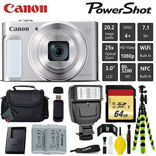 캐논 Canon PowerShot SX620 HS Digital Point and Shoot 20MP Camera (Silver) + Extra Battery + Digital Flash + Camera Case + 64GB Class 10 Memory Card - International Version