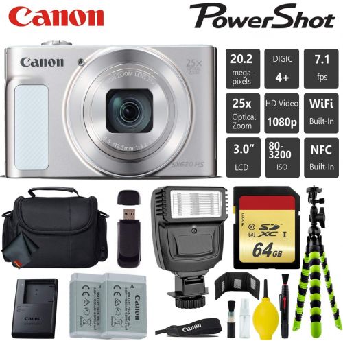 캐논 Canon PowerShot SX620 HS Digital Point and Shoot 20MP Camera (Silver) + Extra Battery + Digital Flash + Camera Case + 64GB Class 10 Memory Card - International Version