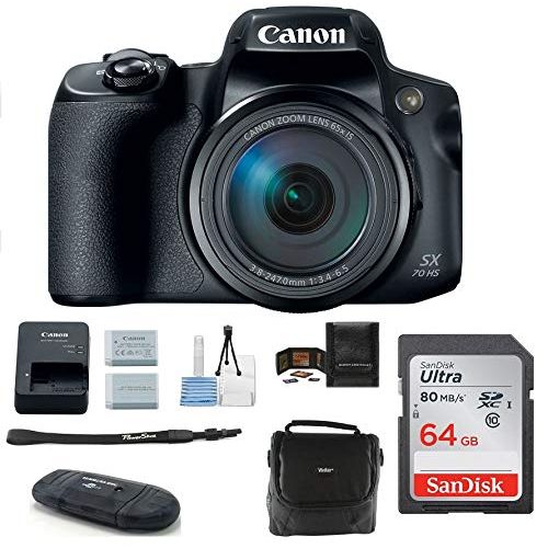 캐논 Canon PowerShot SX70 HS Digital Camera Bundle, Includes: 64GB SDXC Class 10 Memory Card + Spare Battery + Camera Bag + More.