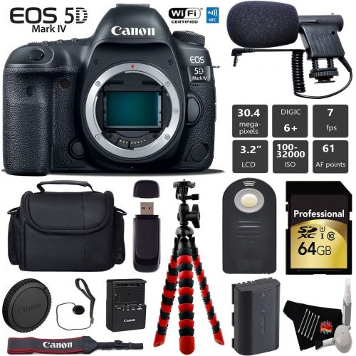 캐논 Canon EOS 5D Mark IV DSLR Camera (Body Only) + Wireless Remote + Condenser Microphone + Case + Wrist Strap + Tripod + Card Reader - International Version