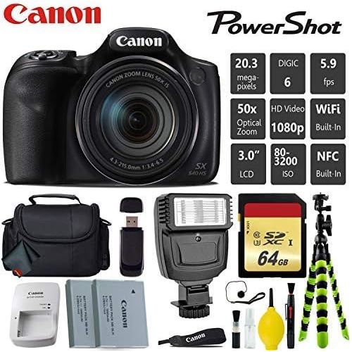 캐논 Canon PowerShot SX540 HS Digital Point and Shoot 20MP Camera + Extra Battery + Digital Flash + Camera Case + 64GB Class 10 Memory Card - International Version
