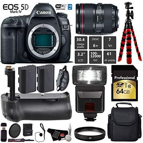 캐논 Canon EOS 5D Mark IV DSLR Camera with 24-105mm f/4L II Lens + Professional Battery Grip + UV Filter + Flash + Extra Battery + Case + Wrist Strap + Tripod + Card Reader - Internatio