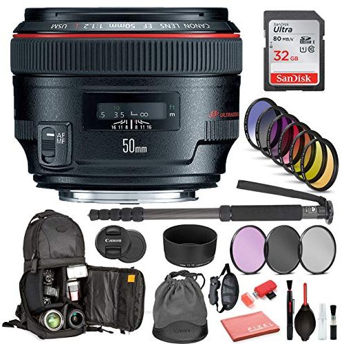 캐논 Canon EF 50mm f/1.2L USM Lens (1257B002) with Professional Bundle Package Deal Kit for Canon EOS Includes: DSLR Sling Backpack, 9PC Filter Kit, Sandisk 32GB SD + More