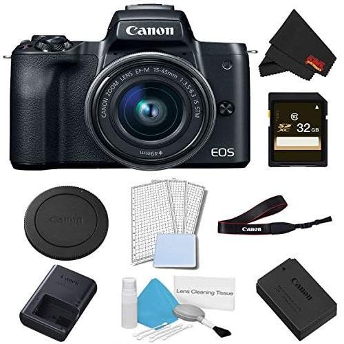 캐논 Canon EOS M50 Mirrorless Digital Camera with 15-45mm Lens (Black) Basic Bundle w/ 32GB Memory Card - International Model