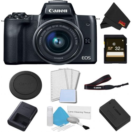 캐논 Canon EOS M50 Mirrorless Digital Camera with 15-45mm Lens (Black) Basic Bundle w/ 32GB Memory Card - International Model