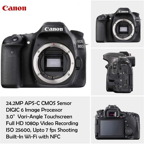 캐논 Canon EOS Rebel 80D DSLR Camera with 18-55mm is STM Lens Bundle + Canon EF 75-300mm f/4-5.6 III Lens and 500mm Preset Lens + 64GB Memory + Filters + Monopod + Spider Tripod + Profe