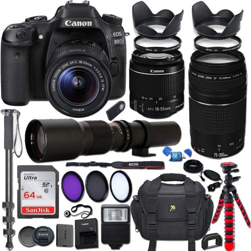 캐논 Canon EOS Rebel 80D DSLR Camera with 18-55mm is STM Lens Bundle + Canon EF 75-300mm f/4-5.6 III Lens and 500mm Preset Lens + 64GB Memory + Filters + Monopod + Spider Tripod + Profe