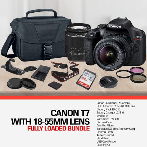 캐논 Canon Rebel T7 DSLR Camera with 18-55mm Lens and 64GB Ultra Speed Memory Card, Case, Cleaning Kit, Flash, and More Fully Loaded Bundle