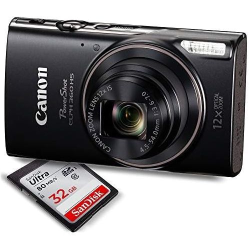 캐논 Canon PowerShot ELPH 360 HS(Black)with 12x Optical Zoom and Built-In Wi-Fi with Deluxe Starter Kit Including 32GB SDHC Flexible Tripod + AC/DC Travel Charger + Extra battery + Prot