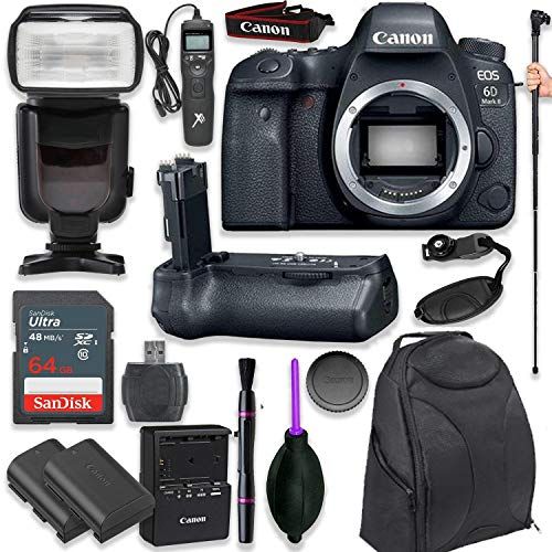 캐논 Canon EOS 6D Mark II Digital SLR Camera Body - Wi-Fi Enabled with Pro Camera Battery Grip, Professional TTL Flash, Deluxe Backpack, Universal Timer Remote Control, Spare LP-E6 Batt