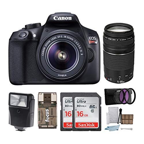 캐논 Canon EOS Rebel T6 Digital Camera: 18 Megapixel 1080p HD Video DSLR Bundle with 18-55mm &75-300mm Lenses 32GB (2 x 16GBSD Card) Flash Filter Kit & Bag - Professional Vlogging Sport