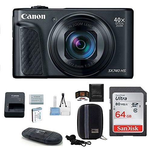 캐논 Canon PowerShot SX740 HS Digital Camera (Black) PRO Bundle; Includes: 64GB SDXC Class 10 Memory Card + Spare Battery + Camera Case and More