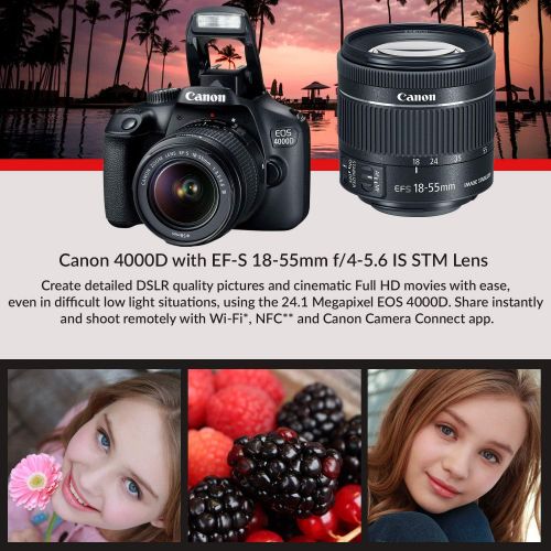 캐논 Canon EOS 4000D DSLR Camera and EF-S 18-55 mm f/3.5-5.6 is III Lens (International Version) (No Warranty) + 32GB Memory Card + Camera Bag + MiniTripod