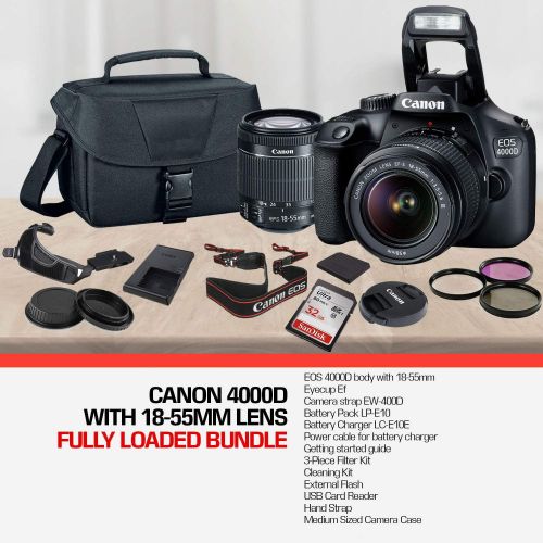 캐논 Canon EOS 4000D DSLR Camera and EF-S 18-55 mm f/3.5-5.6 is III Lens (International Version) (No Warranty) + 32GB Memory Card + Camera Bag + MiniTripod