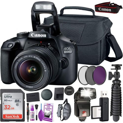 캐논 Canon EOS 4000D DSLR Camera and EF-S 18-55 mm f/3.5-5.6 is III Lens (International Version) (No Warranty) + 32GB Memory Card + Camera Bag + MiniTripod