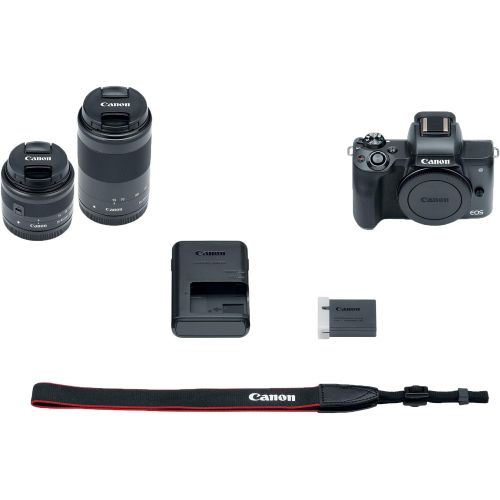 캐논 Canon EOS M50 Mirrorless Vlogging Camera 2 Lens Kit with EF-M 15-45mm lens + EF-M 55-200 mm lens, Black