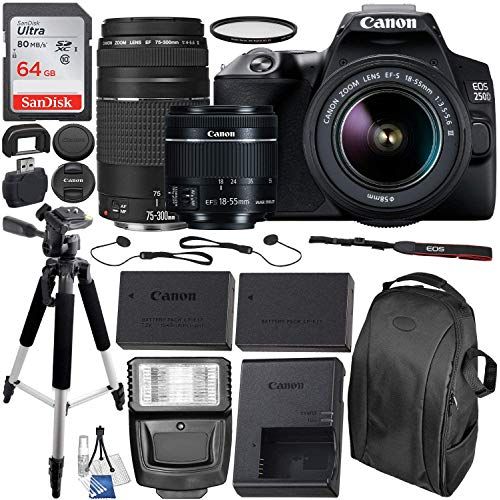 캐논 Canon EOS 250D (Rebel SL3) DSLR Camera with 18-55mm & 75-300mm Canon Lenses & Essential Accessory Bundle  Includes: SanDisk Ultra 64GB SDXC Memory Card, Extended Life Spare Batter