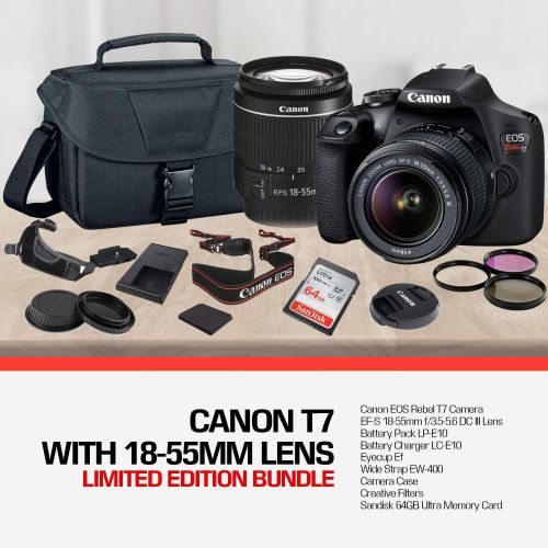 캐논 Canon Rebel T7 DSLR Camera with 18-55mm Lens Kit and Sandisk 64GB Ultra Speed Memory Card, Creative Lens Filters, Carrying Case | Limited Edition Bundle