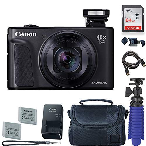 캐논 Canon PowerShot SX740 HS Digital Camera (Black) with 64 GB Card + Premium Camera Case + 2 Batteries + Tripod