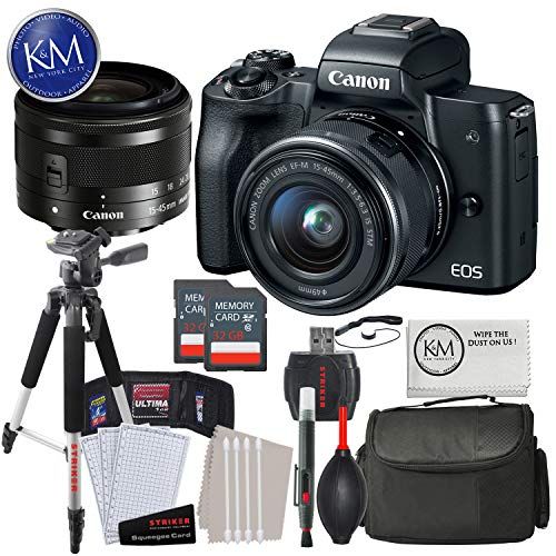 캐논 Canon EOS M50 Mirrorless Camera w/15-45mm (Black) + 2 x 32GB + Deluxe Photo Bundle