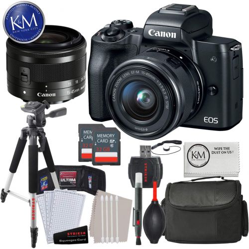 캐논 Canon EOS M50 Mirrorless Camera w/15-45mm (Black) + 2 x 32GB + Deluxe Photo Bundle