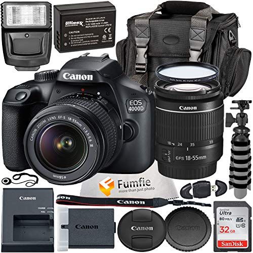 캐논 Canon EOS 4000D w/EF-S 18-55mm f/3.5-5.6 III Lens with Professional Accessory Bundle - Includes: Spare LPE10 Battery, Slave Flash, Large Gadget Bag with Dual Buckles & Much More