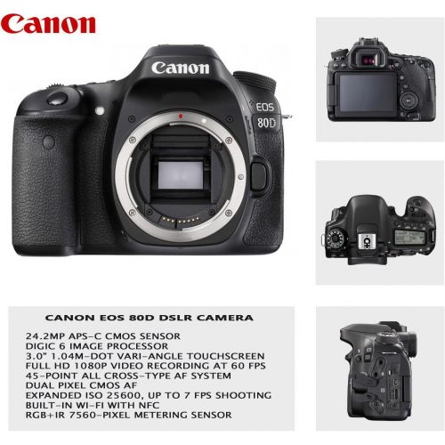 캐논 Canon EOS 80D DSLR Camera with 18-135mm USM Lens Bundle + Canon EF 75-300mm III Lens, Canon 50mm f/1.8, 500mm Lens & 650-1300mm Lens + Deluxe Backpack + 64GB Memory + Monopod + Pro