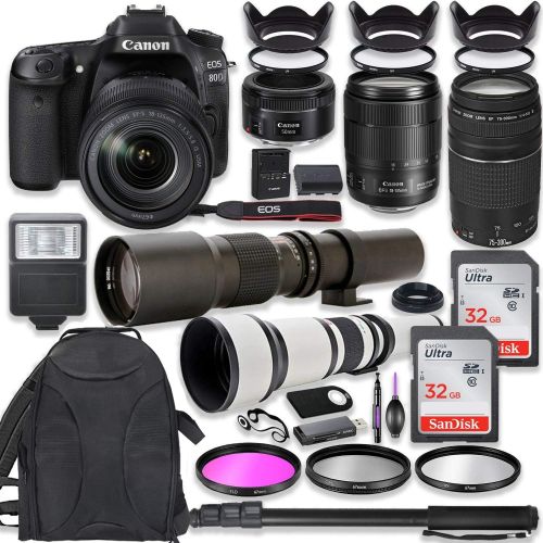 캐논 Canon EOS 80D DSLR Camera with 18-135mm USM Lens Bundle + Canon EF 75-300mm III Lens, Canon 50mm f/1.8, 500mm Lens & 650-1300mm Lens + Deluxe Backpack + 64GB Memory + Monopod + Pro