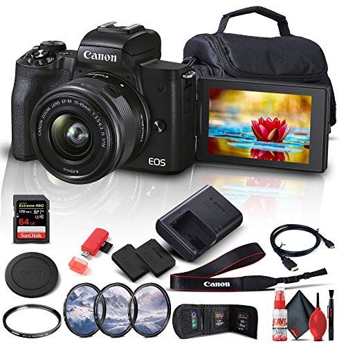 캐논 Canon EOS M50 Mark II Mirrorless Digital Camera with 15-45mm Lens (4728C006) + 64GB Extreme Pro Card + Extra LPE12 Battery + Case + UV Filter + Card Reader + 3 Piece Filter Kit + H