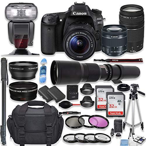 캐논 Canon EOS 80D DSLR Camera with 18-55mm Lens, 75-300mm Lens & 500mm Preset Lens + Premium Accessory Bundle Including Camera Case, TTL Speed Light Flash, 64GB Memory, Monopod, Aux Le