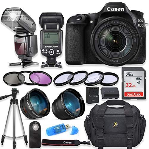 캐논 Canon EOS 80D Digital SLR Camera with Canon EF-S 18-135mm f/3.5-5.6 is USM Lens + High Speed Electronic Flash + Sandisk 32GB SDHC Memory Card, Camera Bag, Macros and Accessory Bund