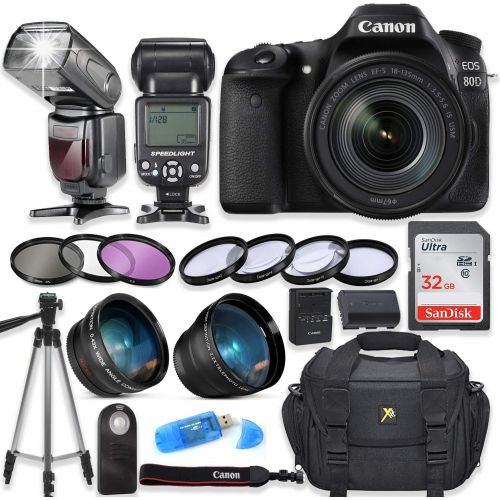 캐논 Canon EOS 80D Digital SLR Camera with Canon EF-S 18-135mm f/3.5-5.6 is USM Lens + High Speed Electronic Flash + Sandisk 32GB SDHC Memory Card, Camera Bag, Macros and Accessory Bund
