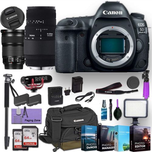 캐논 Canon EOS 5D Mark IV DSLR Camera w/EF 24-105mm f/3.5-5.6 is STM Lens and Sigma 70-300mm f/4-5.6 DG Macro Lens Bundled with Deluxe Accessories (Rode Microphone, 4-Pack Photo Editing