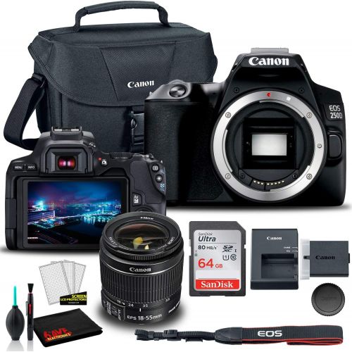 캐논 Canon EOS 250D DSLR Camera with 18-55mm Lens (Black) (3453C002) + Canon EOS Bag + Sandisk Ultra 64GB Card + Cleaning Set and More (International Model)