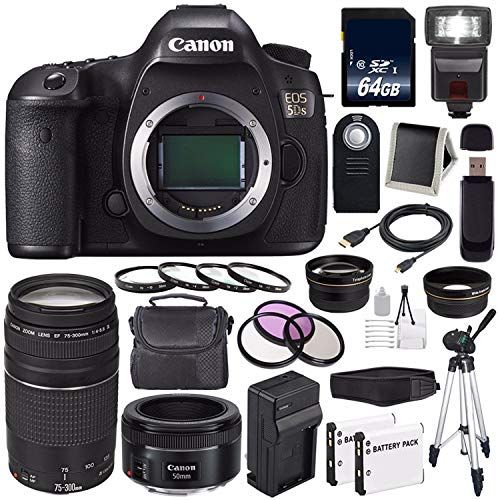 캐논 Canon EOS 5DS DSLR Camera (International Model) 0581C002 + Canon EF 75-300 III+ EF 50mm f/1.8 STM Lens + LP-E6 Replacement Battery + Charger + 64GB SDXC Card Bundle