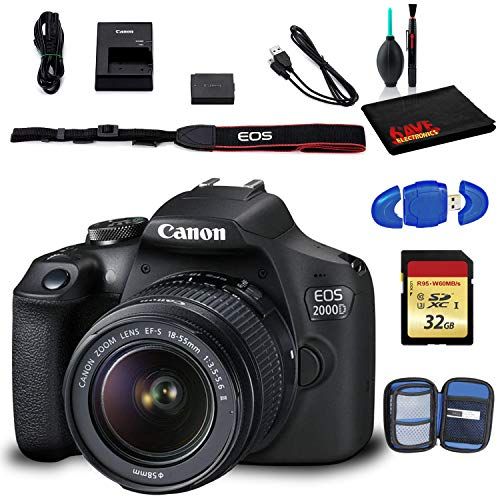 캐논 Canon EOS 2000D DSLR Camera with EF-S 18-55mm f/3.5-5.6 is II Lens (Intl Model) with Cleaning Kit and 32GB Memory Kit