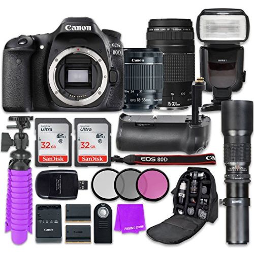 캐논 Canon EOS 80D 24.2MP CMOS Full HD Wi-Fi Enabled Digital SLR Camera with Canon EF-S 18-55mm is STM Lens + Canon EF 75-300mm III Lens + 500mm Preset Lens + 2X 32GB Memory Card + Acce