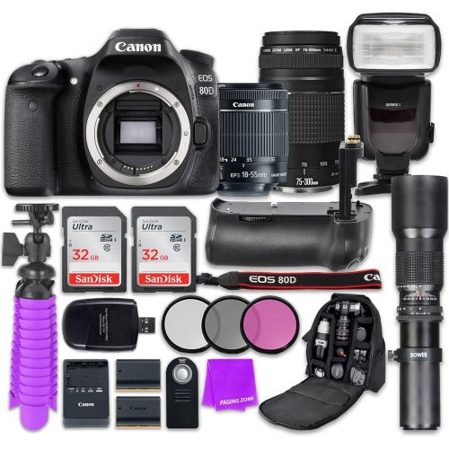 캐논 Canon EOS 80D 24.2MP CMOS Full HD Wi-Fi Enabled Digital SLR Camera with Canon EF-S 18-55mm is STM Lens + Canon EF 75-300mm III Lens + 500mm Preset Lens + 2X 32GB Memory Card + Acce