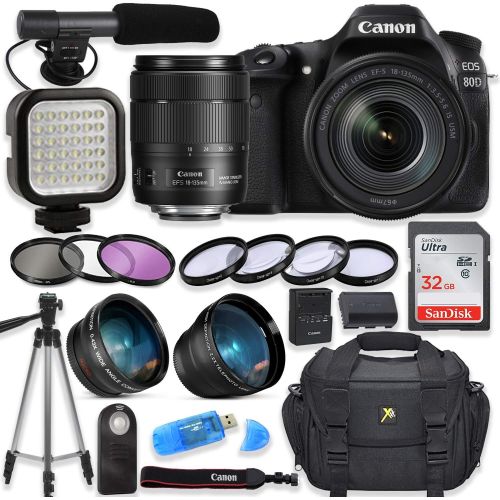 캐논 Canon EOS 80D Digital SLR Camera with Canon EF-S 18-135mm f/3.5-5.6 is USM Lens + Video LED Light + Shotgun Microphone + Sandisk 32GB SDHC Memory Card, Camera Bag (Complete Video B