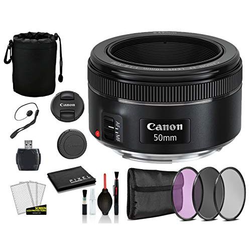 캐논 Canon EF 50mm f/1.8 STM Lens (0570C002) Lens with Bundle Package Kit Includes 3pc Filter Kit (UV, CPL, FLD) + Lens Pouch + More