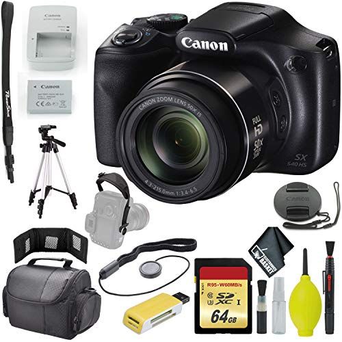 캐논 Canon PowerShot SX540 Digital Camera (Black) - USB Card Reader & Wallet - Strap (SLR/Video) - Case - 64GB - 72 Tripod - Lens Cap Keeper