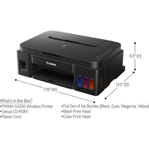 캐논 Canon G3200 All-In-One Wireless Supertank (MegaTank) Printer| Copier| Scanner| and Mobile Printing, Black, 6.5 x 17.6 x 13 (0630C002)